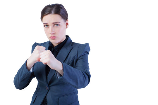 Confident businesswoman preparing to fight. .Isolate with copy space.