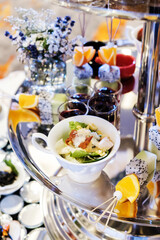 Mixed Fruit and dessert on tray in party