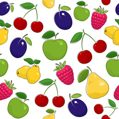 Fruit Berry Seamless Pattern , Juicy Pear and Red Cherry , Pink Raspberries with Fresh Plum, Ripe Apple and Quince, Vector Illustration