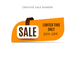 20% off sale banner with shadow on a white background. Orange sticker or discount label. Web special offer tag. 