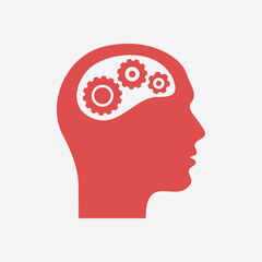 Thinking icon.  Silhouette of gear in head. Flat design style.