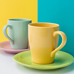 Set of empty colorful ceramic cups for coffee isolated on a colored background.
