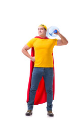 Man delivering water bottle isolated on white