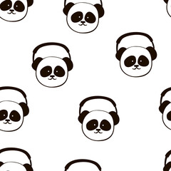 Panda, headphone. Seamless pattern. Vector cartoon illustration isolated on white. Funny, cute animal. Fabric textile, print card, pillow, t-shirt