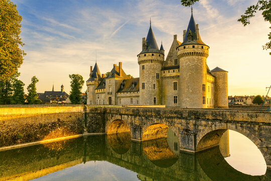 The chateau of Sully-sur-Loire at sunset, France. Castle is located in the Loire Valley. Sully-sur-Loire, France.