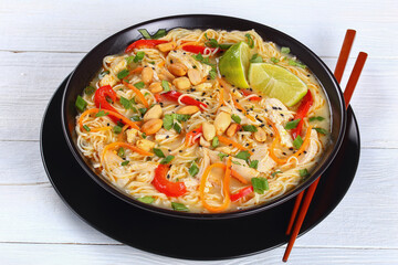tasty Thai Chicken noodle soup, close-up