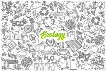 Hand drawn Ecology doodle set background with green lettering in vector