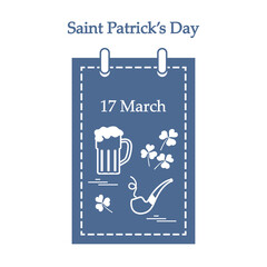 Cute vector illustration: calendar with a beer, clover, tobacco pipe for St. Patrick's Day.