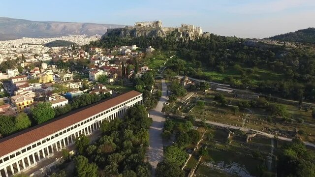 Aerial drone video of Ancient Agora, Athens historic center, Attica, Greece