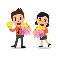 Cartoon business people saving money in piggy bank