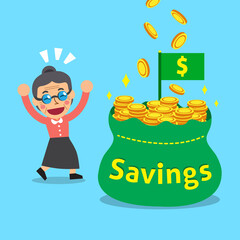 Cartoon senior woman with big saving money bag