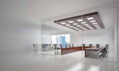 Office interior design in whire color and rays of light from window