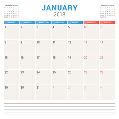 January 2018. Calendar planner vector design template. Week starts on Monday. Stationery design