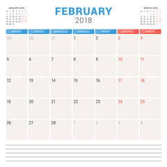 February 2018. Calendar planner vector design template. Week starts on Monday. Stationery design