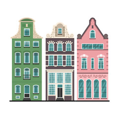 Set of 3 Amsterdam old houses cartoon facades. Traditional architecture of Netherlands. Colorful flat isolated illustrations in the Dutch style.