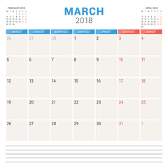 March 2018. Calendar planner vector design template. Week starts on Monday. Stationery design