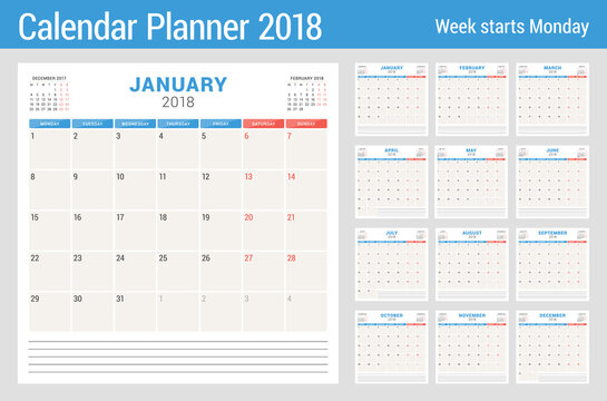 Calendar planner for 2018 year. Vector design print template. Week starts on Monday. Stationery design. Blue and red colors