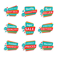 Set of discount and promotional sale origami stickers. Folded paper with advertising tags. Vector design elements for website, flyer, poster