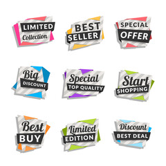Obraz premium Set of discount and promotional sale origami stickers. Folded paper with advertising tags. Vector design elements for website, flyer, poster