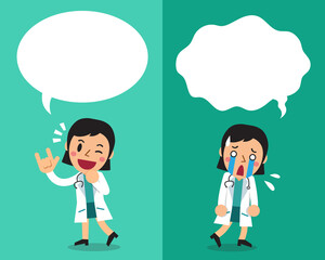 Cartoon female doctor expressing different emotions with speech bubbles