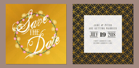 Save the date. Wedding invitation double-sided card design template. Stationery design. Vector illustration
