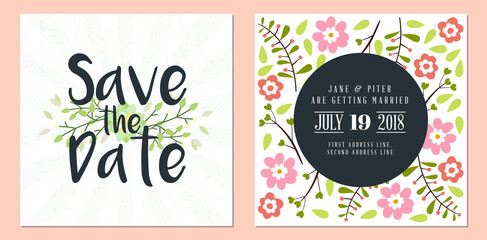 Save the date. Wedding invitation double-sided card design template. Stationery design. Vector illustration