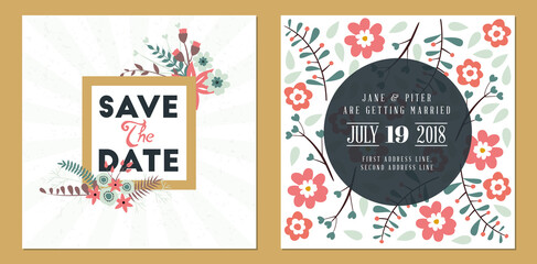 Naklejka premium Save the date. Wedding invitation double-sided card design template. Stationery design. Vector illustration