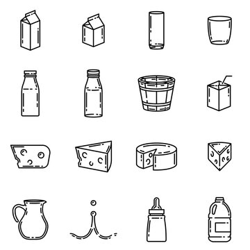 Set of milk packages and glasses outline vector illustration. World milk day concept. Pieces of cheese isolated on white background.