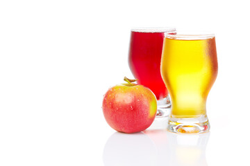 A healthy diet and lifestyle concept: Two fruit juice with red apple isolated on white. Closeup.