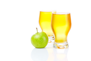 A healthy diet and lifestyle concept: Two fruit juice with green apple isolated on white. Closeup.