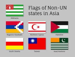 Set of flat flags of non-un states: Abkhazia, Kashmir and Northern Cyprus, Nagorno-Karabakh, Palestine and Taiwan. Collection with 7 signs. Vector isolated icons