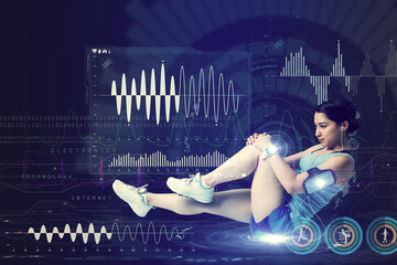 sports technology concept. stretching woman and various technological abstract graphics. sport science.