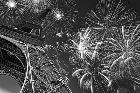 Fototapeta Eiffel tower at night with fireworks, french celebration and party, black and white photography, Paris France
