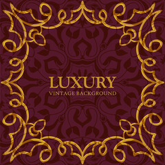 Vector vintage background with golden decorative frame and place for text. Arabesque and floral ornaments
