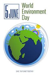 The concept of World Environment Day. 3d paper art. Illustration of the earth from cut out paper layers with shadow. Save the Planet. Ecological design. June 5th
