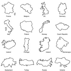Obraz premium Set of European countries maps outline vector icon. France, Belgium, UK, Germany, Italy, Poland, Norway, Czech Republic, Iceland, Portugal, Ireland, Montenegro, Switzerland, Turkey, Russia, Ukraine.