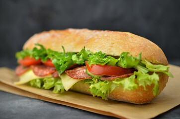 Fresh sandwich with salami on the table.
