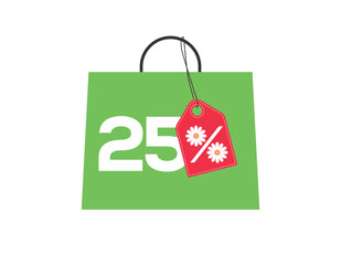 Green shopping bag with 25% text and a daisy flower percent design red price tag label on it isolated on white background. For summer sale campaigns.