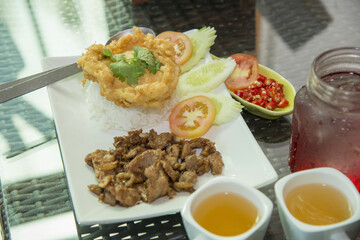 Rice with pork fried with garlic on white plate