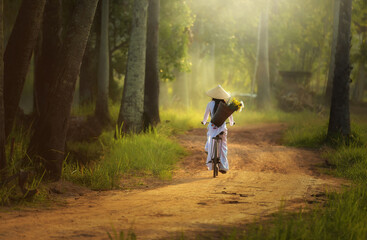 Beautiful young woman with traditional Vietnamese culture is returning home. Hoi An Vietnam