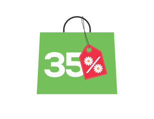 Green shopping bag with 35% text and a daisy flower percent design red price tag label on it isolated on white background. For summer sale campaigns.