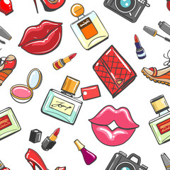 Paris fashion scrapbook seamless pattern. Vector vintage fashionable sketch background with perfume and lipstick, lips and handbag