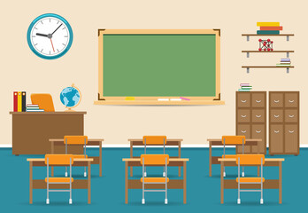 Empty classroom vector illustration. Nobody school class room interior with blackboard