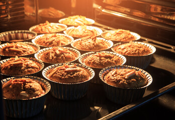 Morning breakfast Banana cake in hot oven that have good taste and fresh. bread banana cup cake.