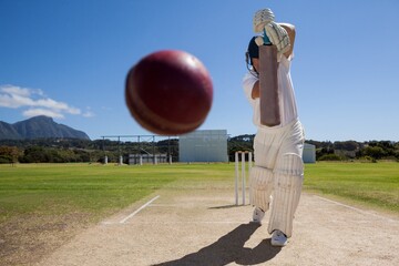Full length of batsman playing cricket on pitch against blue sky - Powered by Adobe