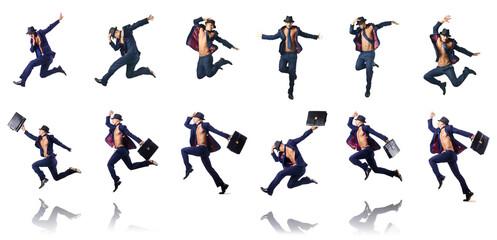 Jumping businessman isolated on white