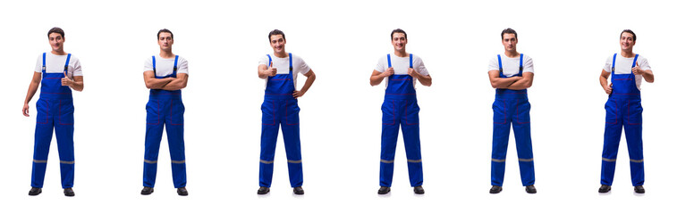 Handsome repairman wearing blue coveralls on white