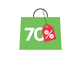 Green shopping bag with 70% text and a daisy flower percent design red price tag label on it isolated on white background. For summer sale campaigns.