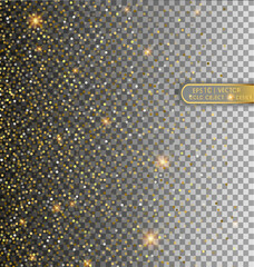 Vector festive illustration of falling shiny particles and stars isolated on transparent background. Golden Confetti Glitters. Sparkling texture.