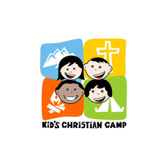 Logo of kid's Christian camp. Mountains, cross, tent, fire, kiddies